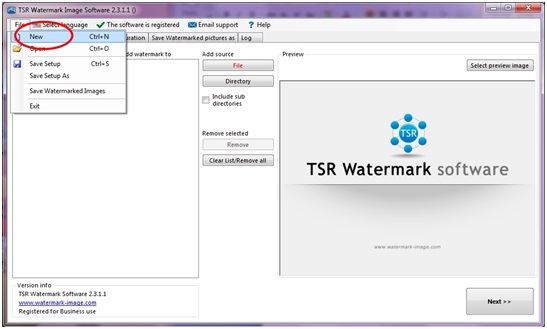 How to select create a new setup using TSR Watermark Image