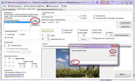 How to add new watermark to a profile in TSR Watermark Image