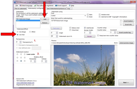 How to configure a text watermark in TSR Watermark Image