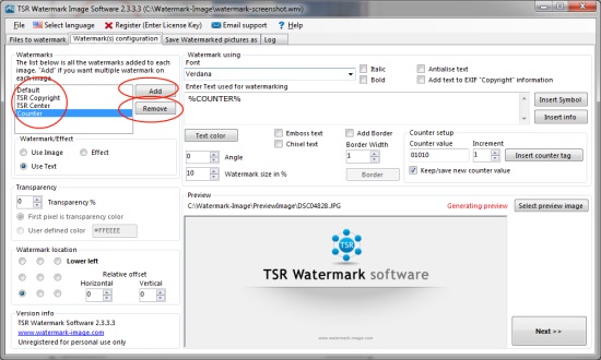How to configure the watermarks when using the TSR Watermark Image